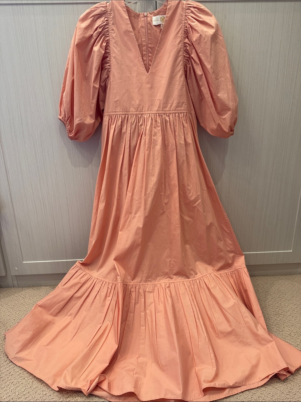 Peach V-Neck Puff-Sleeve Maxi Dress